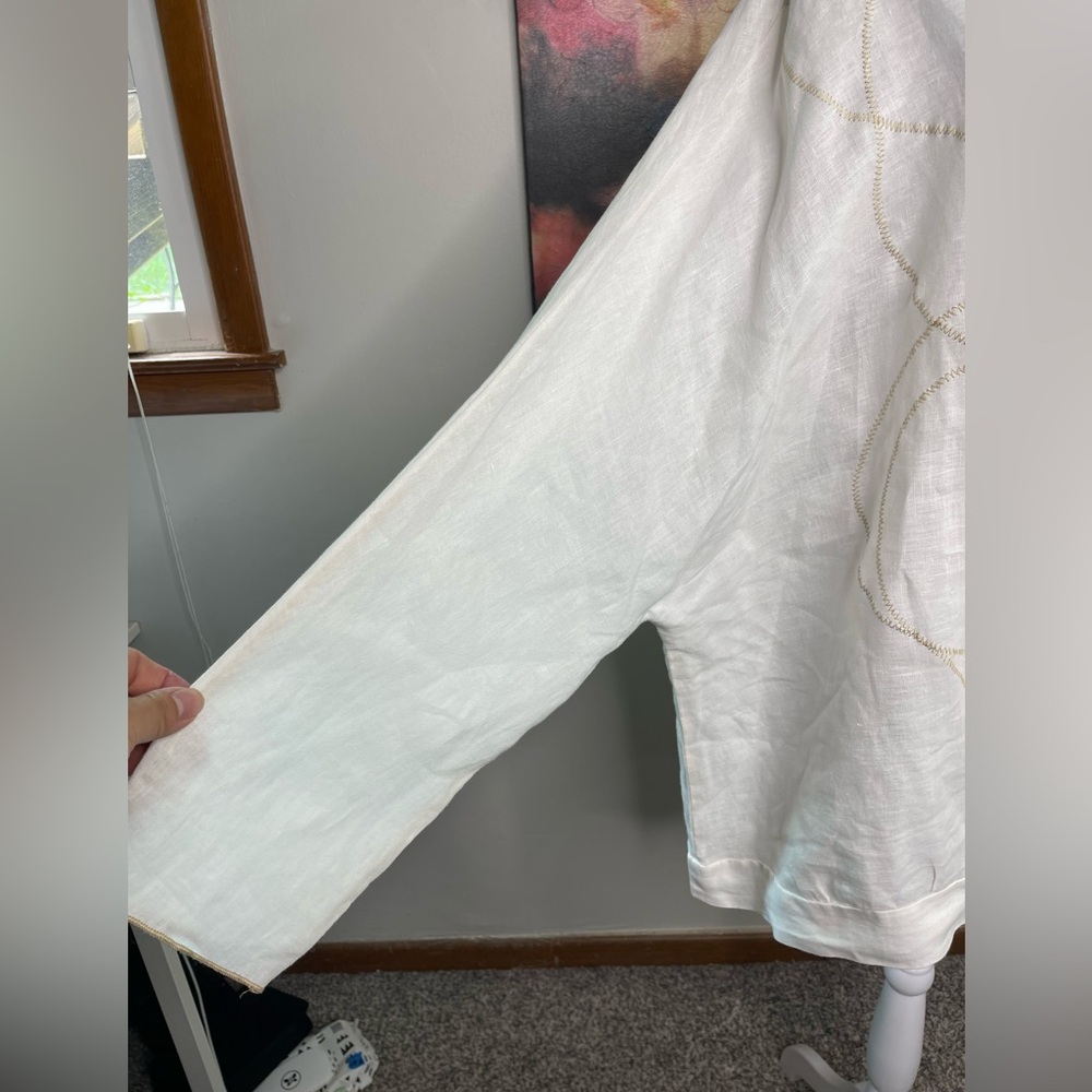 Cynthia Ashby White Linen Cream Abstract Art Stitch Oversized Tunic XL Retail219 - Picture 3 of 12